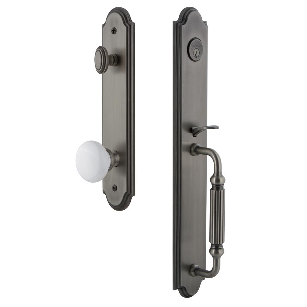 Grandeur by Nostalgic Warehouse ARCFGRHYD Arc One-Piece Handleset with F Grip and Hyde Park Knob in Antique Pewter